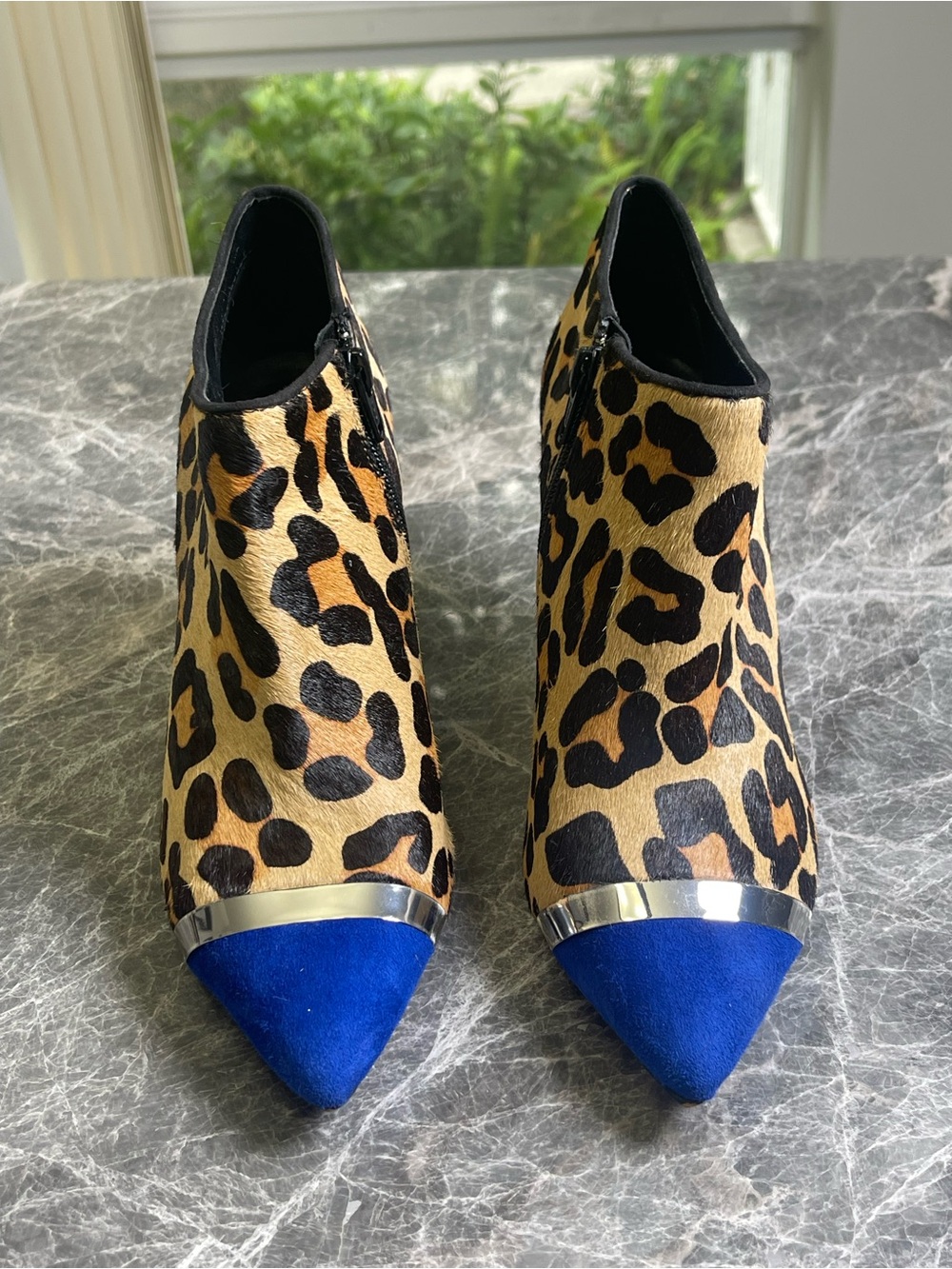 Dune London Leopard Print Ankle Boots with Blue Pointed Toe